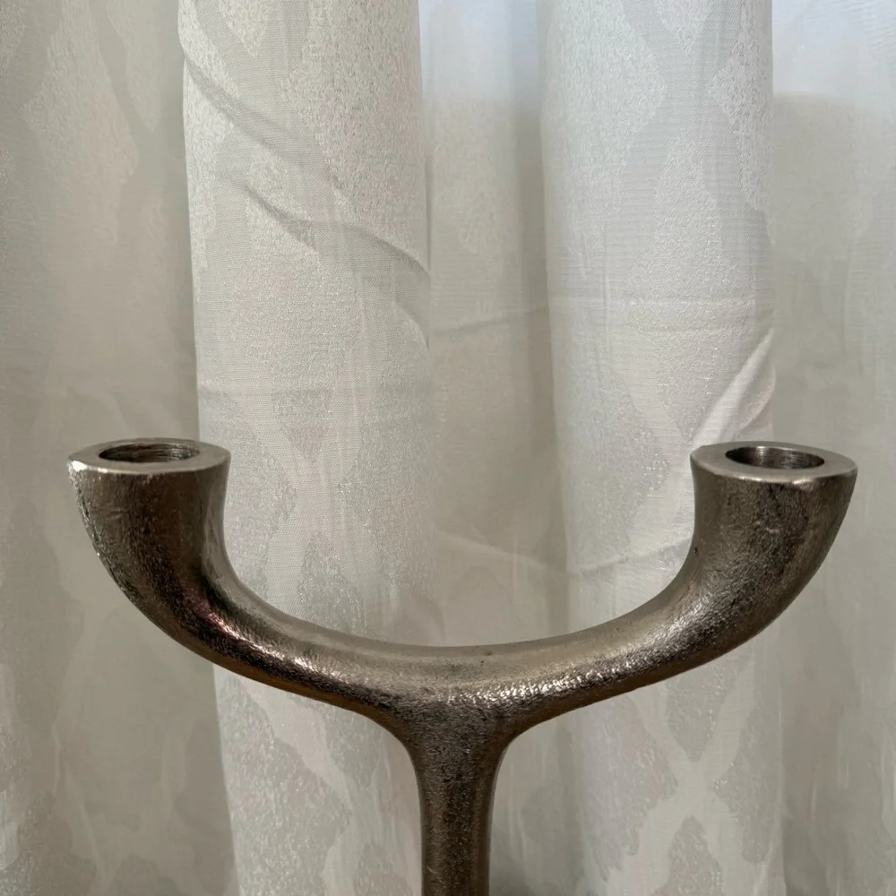 Crate & Barrel Double Taper Silver Metal Candle Holder